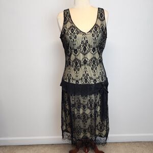 Jonathan Martin Black Lace Dress Size 14 V-neck Drop Waist 20s Deco Flapper